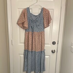 Floral Patchwork Dress in Blue and Pink